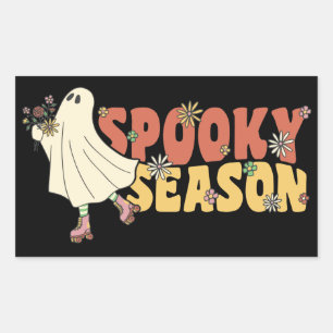 Spooky Season Groovy Ghost mit Vintagen Blume² Rechteckiger Aufkleber