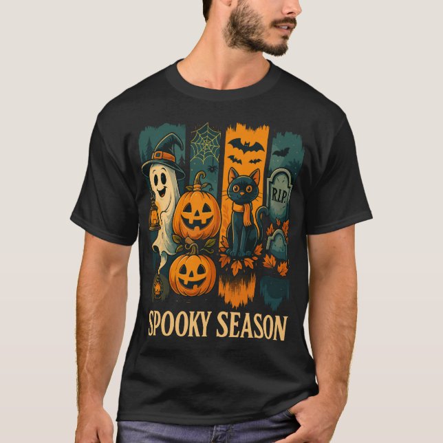 Spooky Season Halloween - Geist, Pumpkins, Katze T-Shirt (Vorderseite)