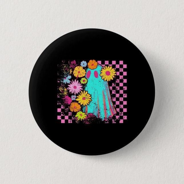 Spooky Season Happy Halloween Funny Ghost Wildflow Button (Vorderseite)