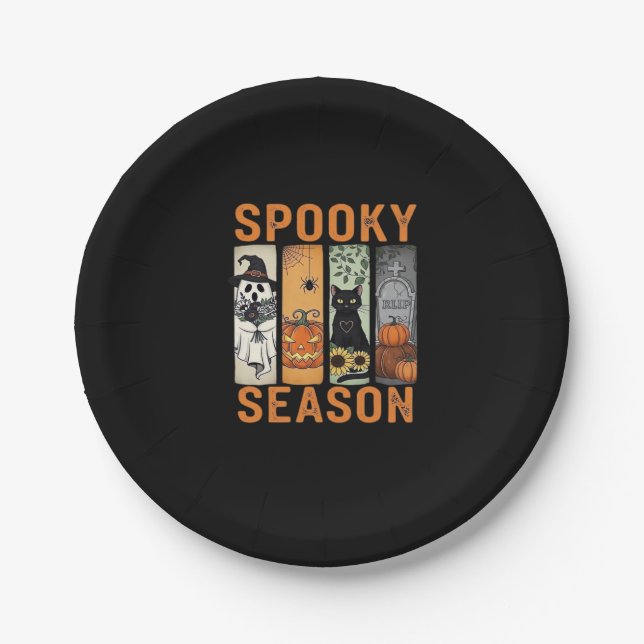 Spooky Season � Niedlich Ghost, Black Cat, Pumpkin Pappteller (Vorderseite)