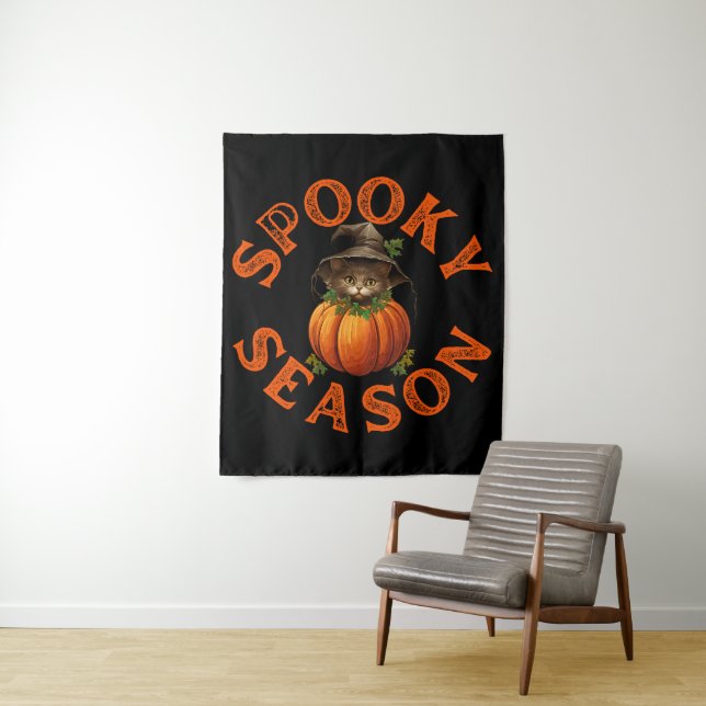 Spooky Season Pumpkin Cat Wandteppich (Beispiel)