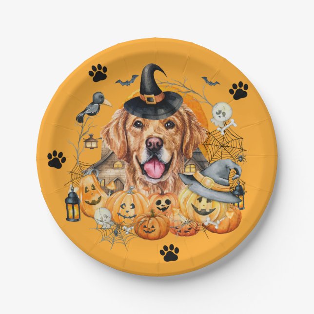 Spooky Season Pumpkin Golden Retriever Halloween Pappteller (Vorderseite)