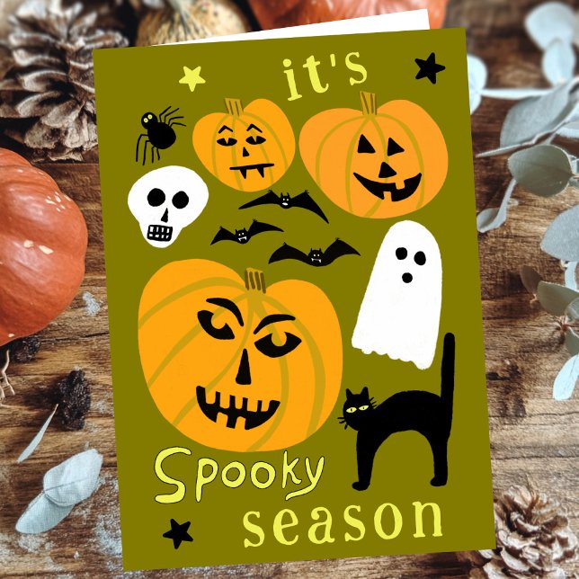 Spooky Season Pumpkins Ghost Bat HAPPY HALLOWEEN Karte (Spooky Season Pumpkins Ghost Bat HAPPY HALLOWEEN Cute Hand-drawn Autumn October Card
)