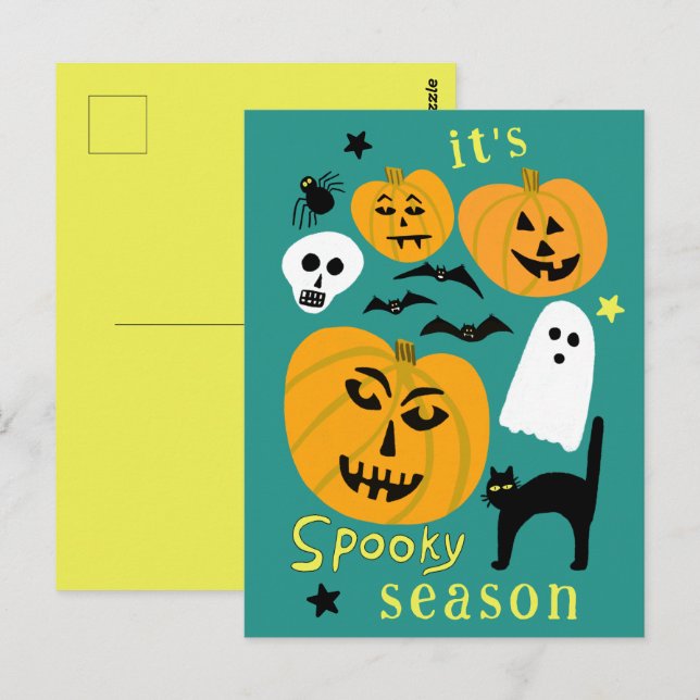 Spooky Season Pumpkins Ghost Bat HAPPY HALLOWEEN Postkarte (Vorne/Hinten)