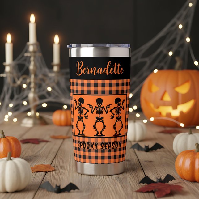 Spooky Season Skeleton Trio Orange & Black Plaid  Thermobecher (Von Creator hochgeladen)