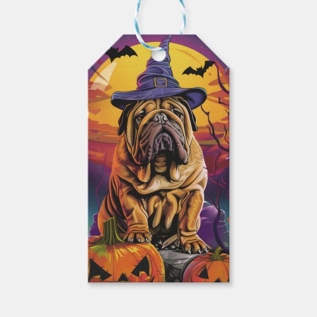 Spooky Shar Pei Hund Halloween Hexe und Pumpkin Geschenkanhänger (Vorderseite)