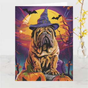 Spooky Shar Pei Hund Halloween Hexe und Pumpkin Karte
