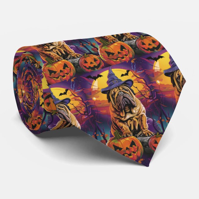 Spooky Shar Pei Hund Halloween Hexe und Pumpkin Krawatte (Gerollt)