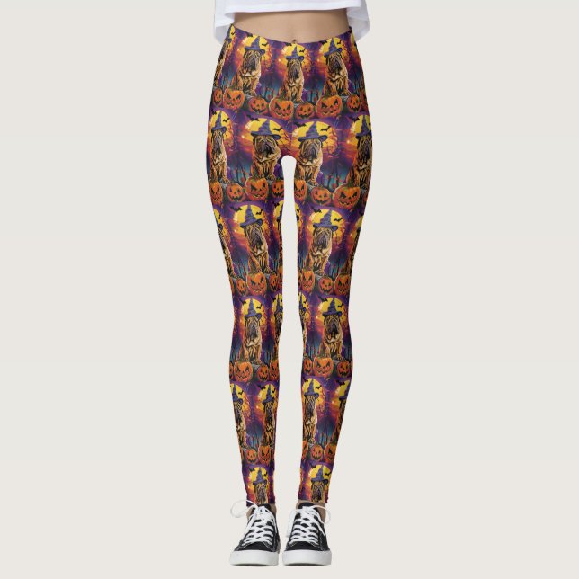 Spooky Shar Pei Hund Halloween Hexe und Pumpkin Leggings (Vorderseite)