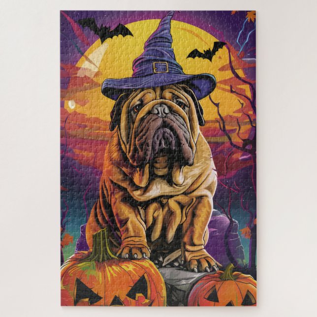 Spooky Shar Pei Hund Halloween Hexe und Pumpkin Puzzle (Vertikal)