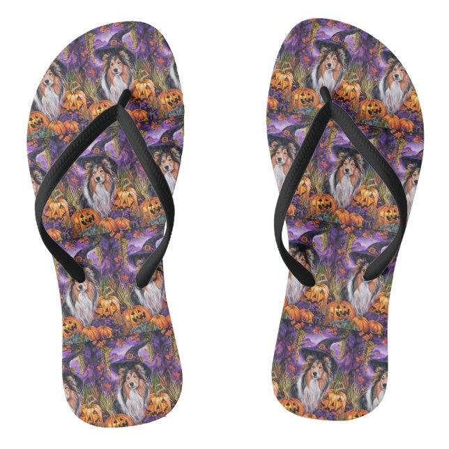 Spooky Shetland Sheepdog Halloween Hexenkürbis Flip Flops (Fußbett)