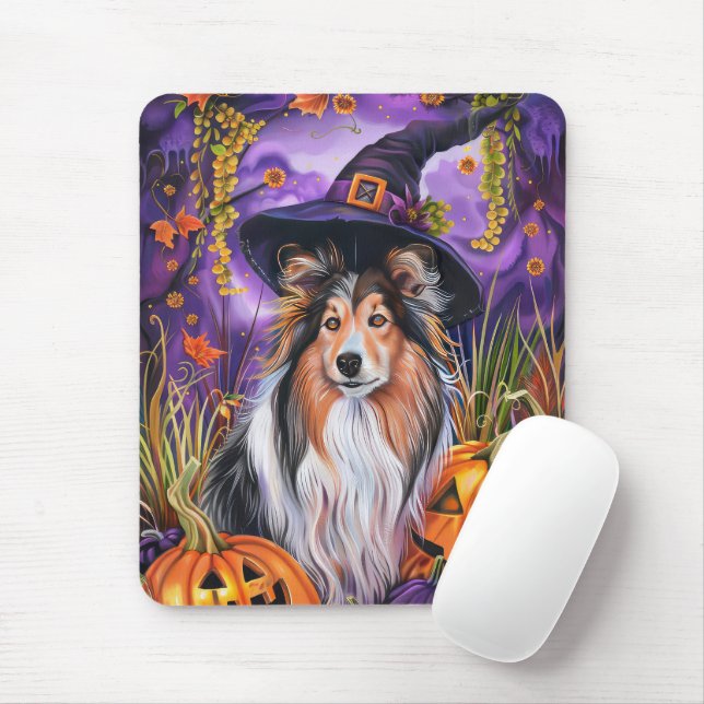 Spooky Shetland Sheepdog Halloween Hexenkürbis Mousepad (Mit Mouse)