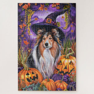 Spooky Shetland Sheepdog Halloween Hexenkürbis Puzzle