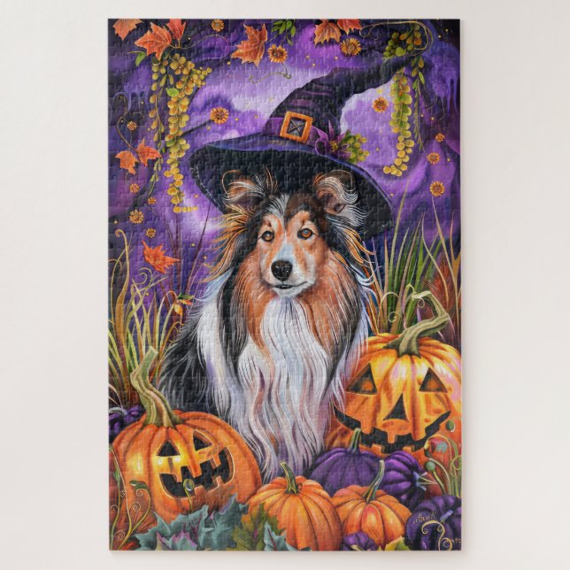 Spooky Shetland Sheepdog Halloween Hexenkürbis Puzzle (Vertikal)