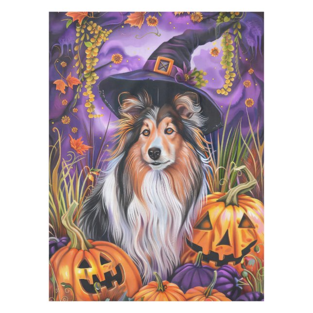 Spooky Shetland Sheepdog Halloween Hexenkürbis Tischdecke (Vorderseite)