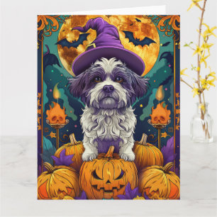 Spooky Shih Tzu Hund Halloween Hexe und Pumpkin Karte