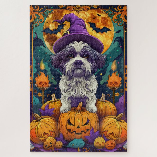 Spooky Shih Tzu Hund Halloween Hexe und Pumpkin Puzzle (Vertikal)