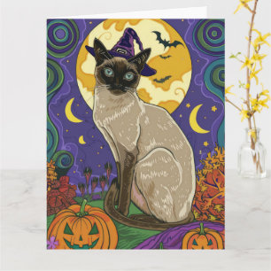 Spooky Siam Cat Halloween Hexe und Kürbis Karte