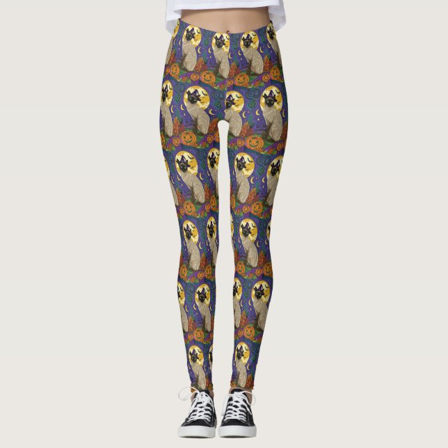Spooky Siam Cat Halloween Hexe und Kürbis Leggings (Vorderseite)