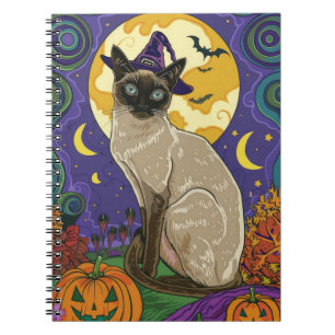 Spooky Siam Cat Halloween Hexe und Kürbis Notizblock