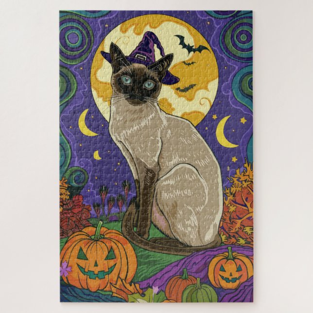 Spooky Siam Cat Halloween Hexe und Kürbis Puzzle (Vertikal)
