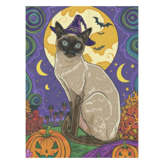 Spooky Siam Cat Halloween Hexe und Kürbis Tischdecke (Vorderseite)