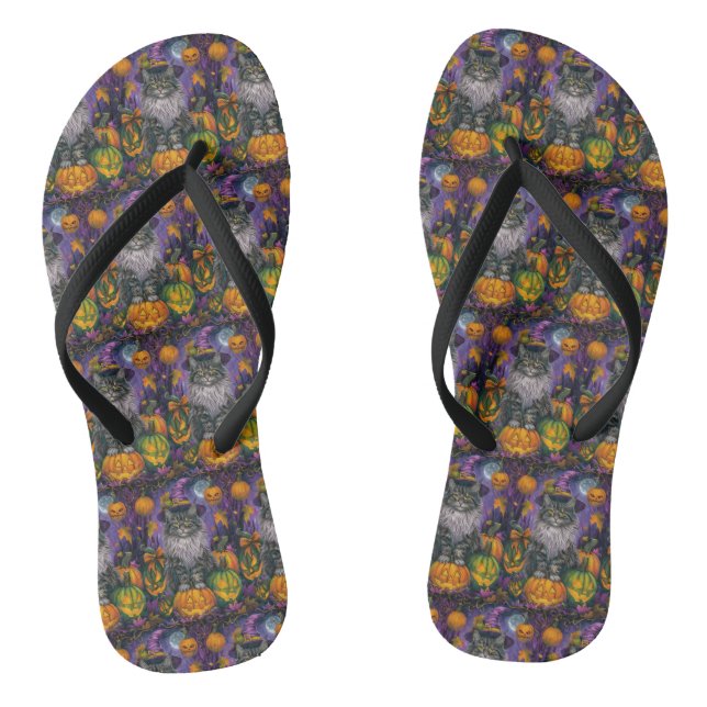 Spooky Siberian Cat Halloween Hexe und Kürbis Flip Flops (Fußbett)
