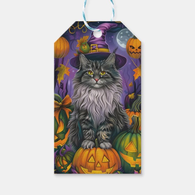 Spooky Siberian Cat Halloween Hexe und Kürbis Geschenkanhänger (Vorderseite)