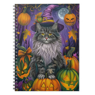 Spooky Siberian Cat Halloween Hexe und Kürbis Notizblock
