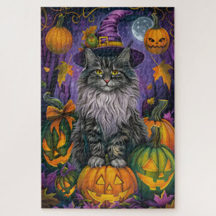 Spooky Siberian Cat Halloween Hexe und Kürbis Puzzle