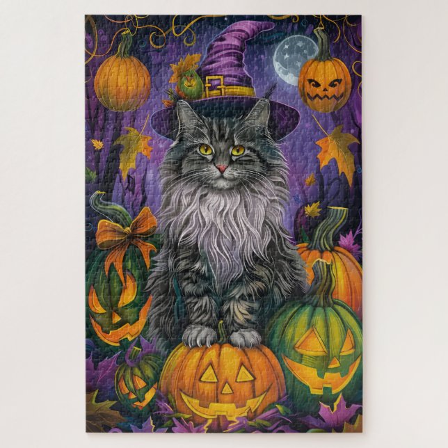 Spooky Siberian Cat Halloween Hexe und Kürbis Puzzle (Vertikal)