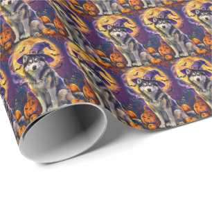 Spooky Siberian Husky Dog Halloween Hexenkürbis Geschenkpapier
