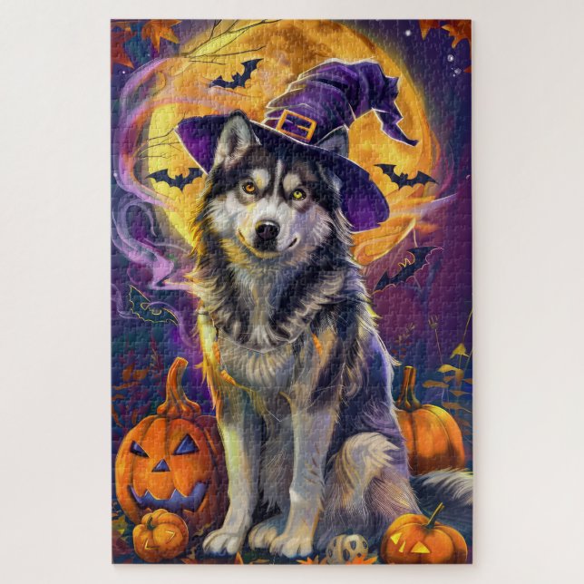 Spooky Siberian Husky Dog Halloween Hexenkürbis Puzzle (Vertikal)