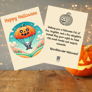 Spooky Skeleton in Pumpkin Parachute, Halloween Feiertagskarte