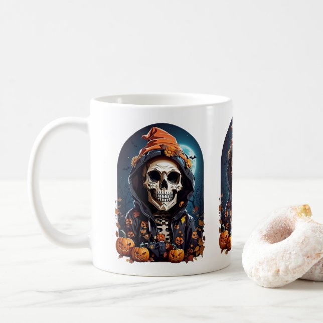 Spooky Skeleton mit Bösen Pumpkins Kaffeetasse (Mit Donut)