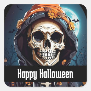 Spooky Skeleton mit Evil Pumpkins Halloween Quadratischer Aufkleber