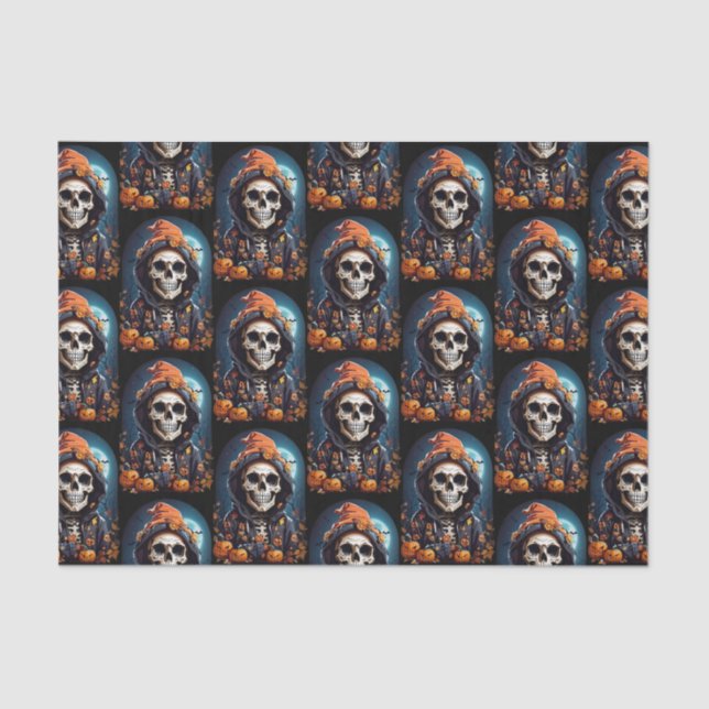 Spooky Skeleton mit Evil Pumpkins Pattern Seidenpapier (Vorderseite)