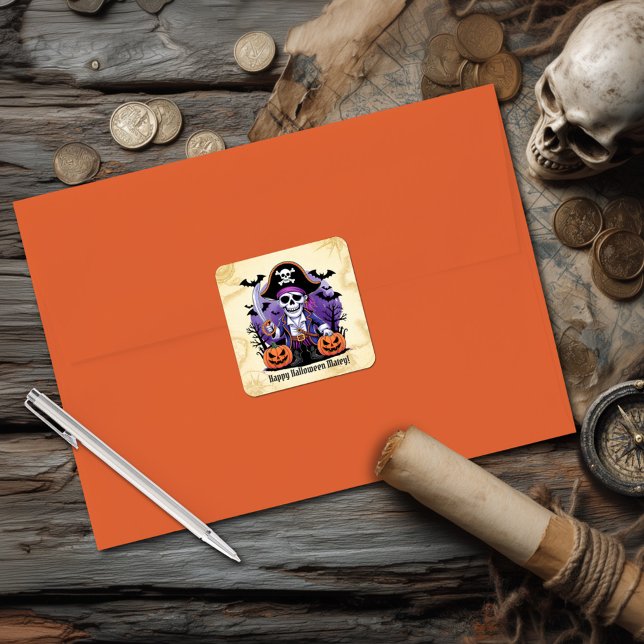 Spooky Skeleton Pirate Halloween Quadratischer Aufkleber (Von Creator hochgeladen)