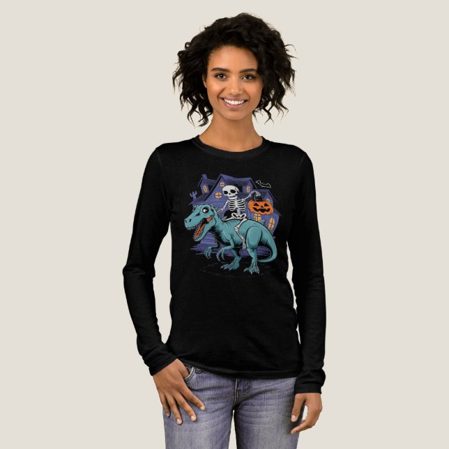 Spooky Skeleton Riding Dinosaur mit Pumpkin Tri-Blend Shirt (Volle Vorderseite)