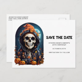 Spooky Skeleton Save the Date mit Bösen Pumpkins Einladungspostkarte