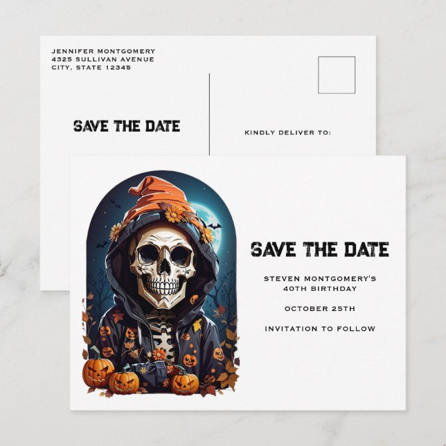 Spooky Skeleton Save the Date mit Bösen Pumpkins Einladungspostkarte (Vorne/Hinten)