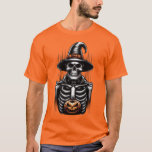 Spooky Skeleton Witch Jack-O'-Lantern Halloween T-Shirt<br><div class="desc">Get ready for Halloween with this classic and eerie design featuring a grinning skeleton wearing a witch's hat,  holding a glowing jack-o'-lantern. This simple yet effective design captures the fun and spooky essence of the holiday,  perfect for adding a festive touch to your apparel,  decorations,  and more.</div>