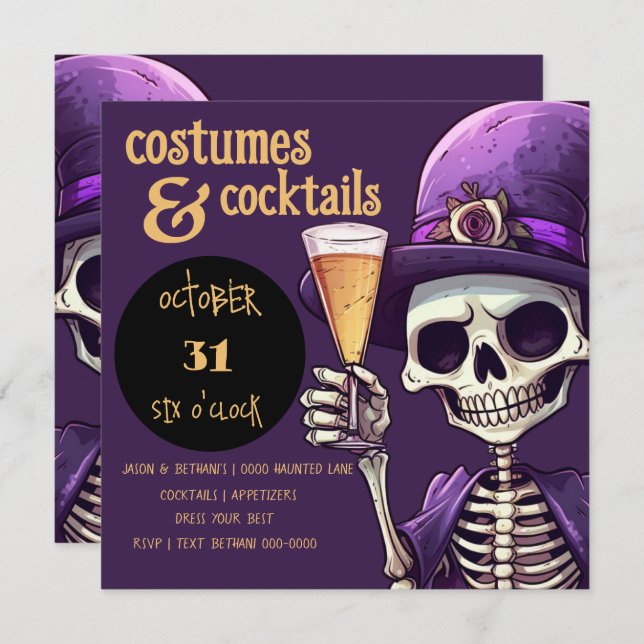 Spooky Skeletts Kostüme und Cocktails Party Einladung (Vorne/Hinten)