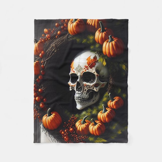 Spooky Skull and Pumpkin Wreath Fleecedecke (Vorderseite)