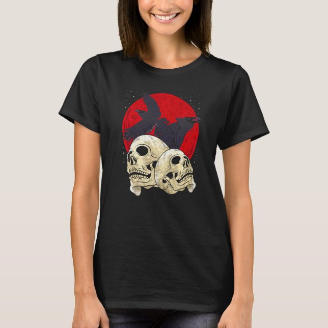 Spooky Skull Creepy Skeleton Head Crow Gothic Bird T-Shirt (Vorderseite)