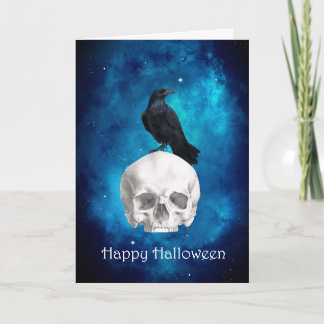 Spooky Skull Raven Happy Halloween Karte (Vorderseite)