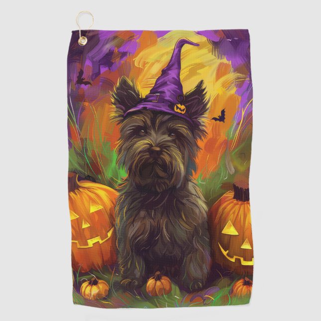 Spooky Skye Terrier Dog Halloween Hexenkürbis Golfhandtuch (Vorderseite)