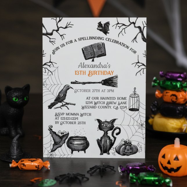 Spooky Spellband Halloween Geburtstagsparty Einladung (Spooky Halloween Birthday Invitation in Orange and Black for Kids. Scary Pumpkin, Cat, Raven, Bats)