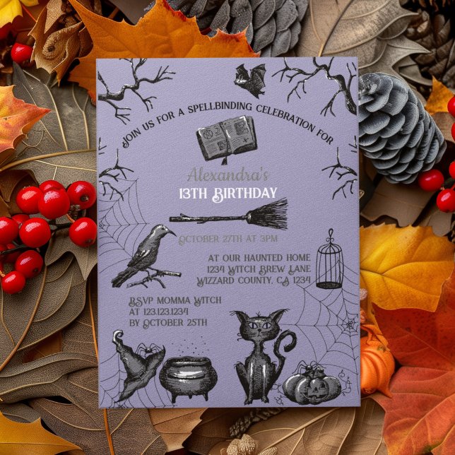 Spooky Spellband Halloween Geburtstagsparty Einladung (Spooky Kids Halloween Party Invitation. Creepy Bats, Webs, Black Cat, Cauldron, Black Raven, Pumpkin)