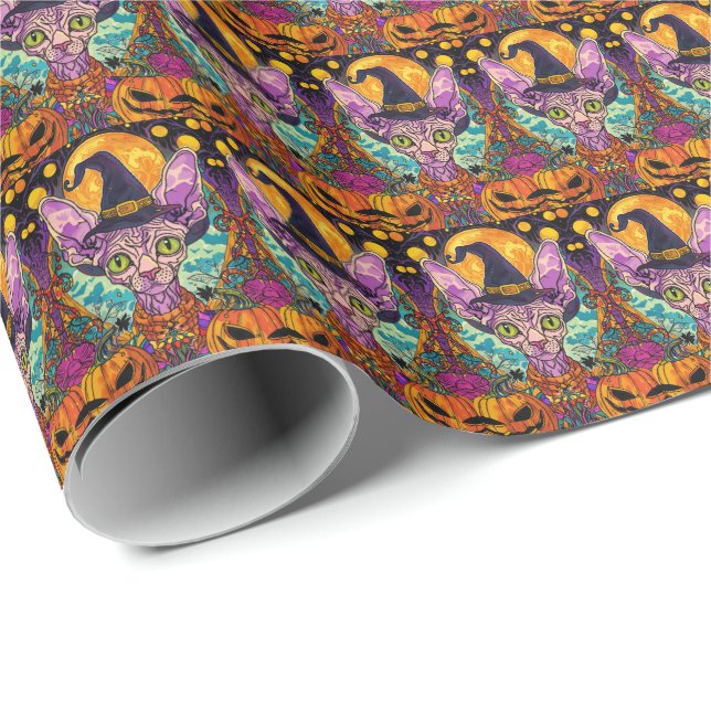 Spooky Sphynx Cat Halloween und Pumpkin Geschenkpapier (Rolleneckpunkt)